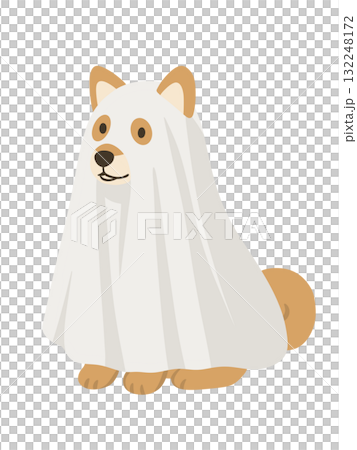 Illustration of a Shiba Inu dressed up in a Halloween ghost sheet Illustration of a Shiba Inu dressed up in a Halloween ghost sheet 132248172