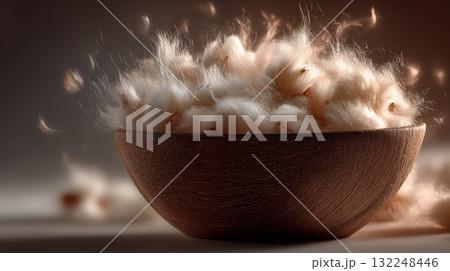 Soft Cotton Fibers in Wooden Bowl with Gentle Lighting Effects Soft Cotton Fibers in Wooden Bowl with Gentle Lighting Effects 132248446