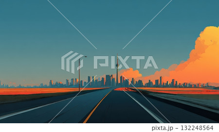 Scenic Road Leading to City Skyline at Dusk with Vibrant Colors 132248564