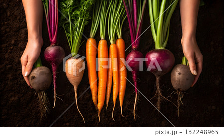 Freshly harvested colorful vegetables displayed on dark soil 132248965