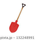 Red shovel with a wooden handle and plastic grip, gardening or construction tool 132248991