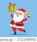 Happy Santa Claus holding a green gift and bell, blue background. Christmas celebration and festive cheer 132248992