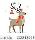 Reindeer wearing red striped scarf and bell on antlers. Holiday and winter celebration 132248993