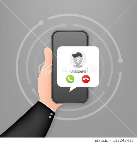 Hand holding smartphone showing unknown incoming call 132249415