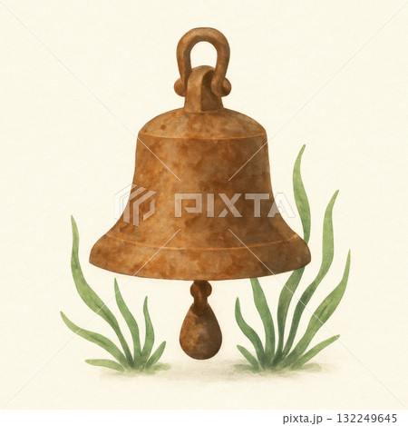 Rusted ship bell, with bronze tone, deep underwater. Sea plant life frames this ancient treasure, evoking sense of calm discovery and profound history Rusted ship bell, with bronze tone, deep underwater. Sea plant life frames this ancient treasure, evoking sense of calm discovery and profound history 132249645