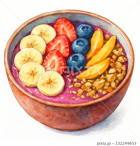 Vibrant watercolor illustration depicts healthy smoothie bowl. Delicious vegan nourishment features fresh fruit banana strawberry blueberry mango granola and rich purple base. Ideal for happy 132249653