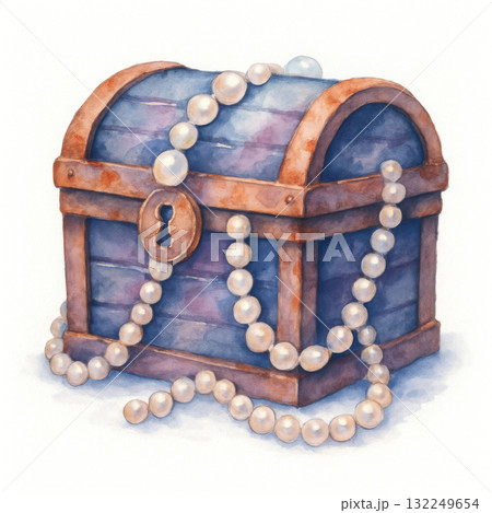 Vibrant watercolor illustration presents an antique wooden treasure chest adorned with glistening white pearls, evoking sense of ancient luxury, mystery, and delightful discovery 132249654