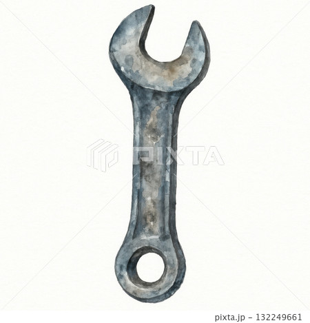 Watercolor illustration of single wrench. Wet metal texture. Essential tool reliability for plumbing, maintenance, and repair themes. Dependable equipment for everyday tasks 132249661