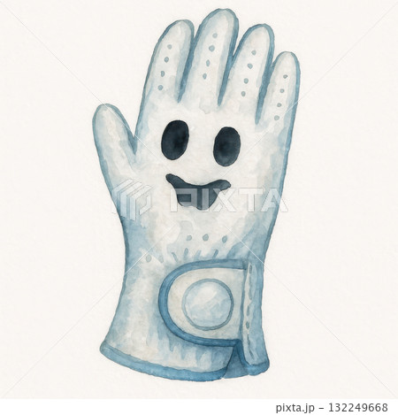 Cheerful white golf glove, adorned with friendly ghost illustration, smiles happily. Watercolor clipart captures playful spirit of sport. delightful and expressive graphic accessory projects 132249668