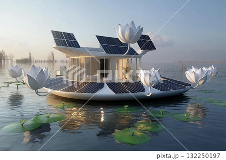 Eco home floats on water with solar panels and surrounded by flowers 132250197