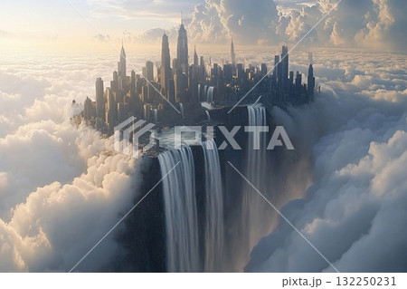 City of clouds with majestic waterfalls cascading into the abyss under a serene sky at twilight City of clouds with majestic waterfalls cascading into the abyss under a serene sky at twilight 132250231