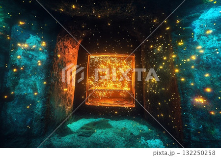 Underwater oven surrounded by magical fireflies illuminating the ancient walls in a mystical setting Underwater oven surrounded by magical fireflies illuminating the ancient walls in a mystical setting 132250258
