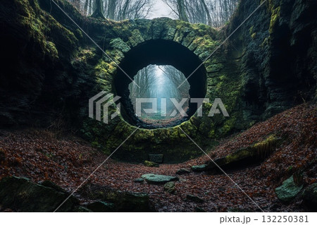 Majestic portal to another world glows amidst ethereal landscape with rolling clouds and sunlit greenery Majestic portal to another world glows amidst ethereal landscape with rolling clouds and sunlit greenery 132250381