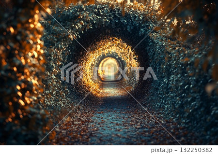 Majestic portal to another world glows amidst ethereal landscape with rolling clouds and sunlit greenery 132250382