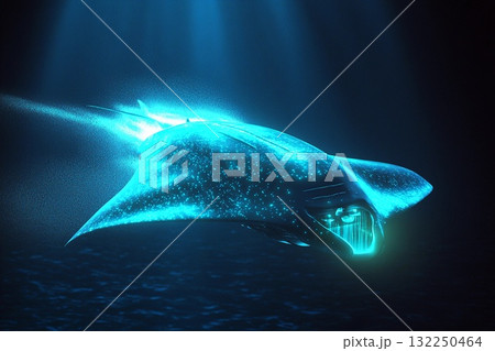 Glowing stingray-shaped submarine purifying the ocean floor while exploring deep marine environments Glowing stingray-shaped submarine purifying the ocean floor while exploring deep marine environments 132250464