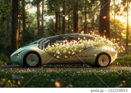 Unique seed pod car design featuring vibrant flowers during a sunny day in a lush landscape 132250653
