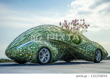 Unique seed pod car design featuring vibrant flowers during a sunny day in a lush landscape 132250654