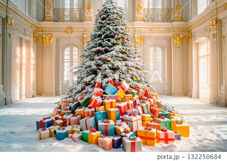 Snow-covered Christmas tree adorned with colorful decorations in a grand hall filled with festive gifts 132250684