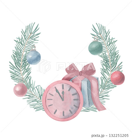 Watercolor illustration hand drawn Christmas toys balls, spruce branch, present and clock . For invitations, cards, posters, seasonal decor, winter holidays poster, New year wrapping paper, fabric 132251205