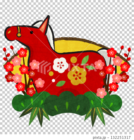 馬年新年圖示 09，扇子，紅馬，插圖，可愛 132251317