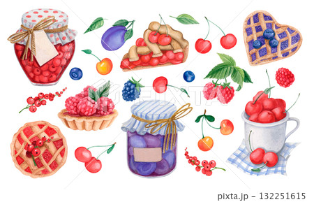 Watercolor berries and pies collection clipart 132251615