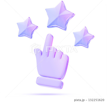 Holographic glass hand clicks on crystal rating stars 3d render. Customer feedback for service or goods. High quality award. Client review icon for shopping with purple blue gradient. 3D illustration 132251620