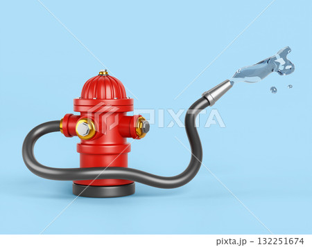 Fire hydrant 3d icon render. Red column with connected fire hose sprays water. City street firefighter equipment with liquid flow of drops and splashes isolated on blue background. 3D illustration 132251674