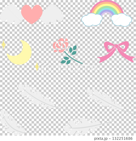 幻想與治癒圖示集 | 天使的翅膀、心、彩虹、月亮、玫瑰、絲帶插圖 132251686
