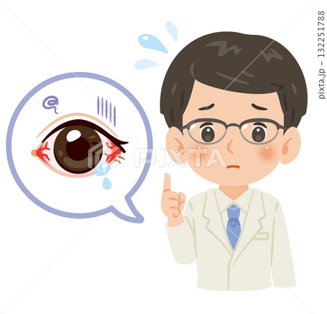不健康な目と白衣を着た男性医師　上半身イラスト 132251788