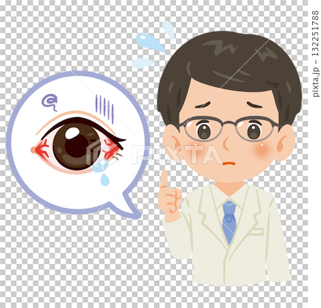 Male doctor in a white coat with unhealthy eyes, upper body illustration Male doctor in a white coat with unhealthy eyes, upper body illustration 132251788