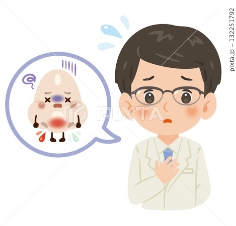 不健康な鼻のキャラクターと白衣を着た男性医師　上半身イラスト 132251792