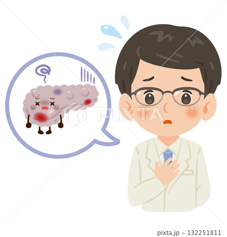 不健康な膵臓のキャラクターと白衣を着た男性医師 上半身イラスト 不健康な膵臓のキャラクターと白衣を着た男性医師 上半身イラスト 132251811