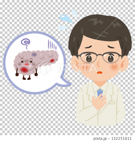 不健康な膵臓のキャラクターと白衣を着た男性医師 上半身イラスト 不健康な膵臓のキャラクターと白衣を着た男性医師 上半身イラスト 132251811
