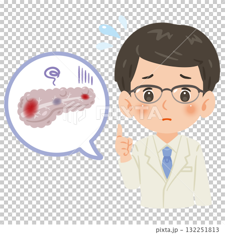Unhealthy pancreas and a male doctor in a white coat, upper body illustration 132251813