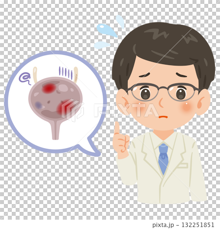 不健康な膀胱と白衣を着た男性医師　上半身イラスト 132251851