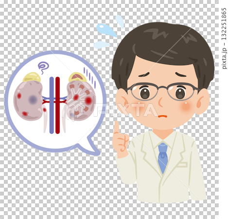 不健康な腎臓と白衣を着た男性医師 上半身イラスト 不健康な腎臓と白衣を着た男性医師 上半身イラスト 132251865