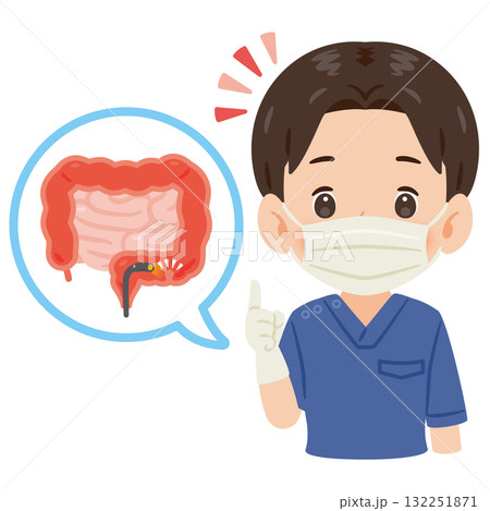 大腸カメラ検査を受ける大腸とスクラブを着た男性医師 上半身イラスト 大腸カメラ検査を受ける大腸とスクラブを着た男性医師 上半身イラスト 132251871