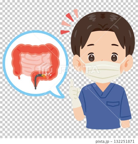 大腸カメラ検査を受ける大腸とスクラブを着た男性医師 上半身イラスト 大腸カメラ検査を受ける大腸とスクラブを着た男性医師 上半身イラスト 132251871