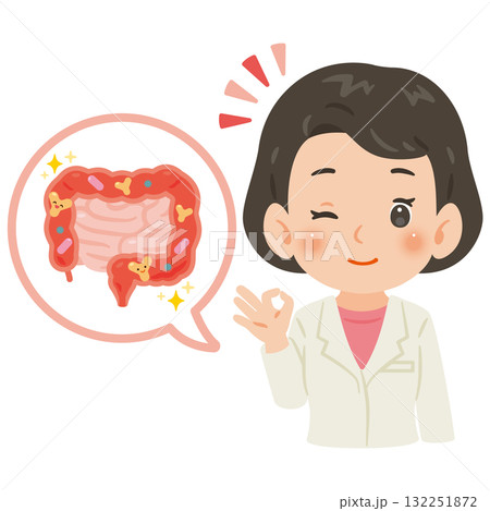 健康な腸内環境と白衣を着た女性医師　上半身イラスト 132251872