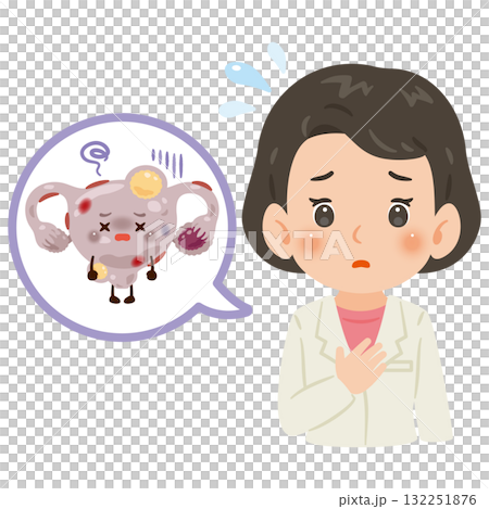 Unhealthy uterus character and female doctor in white coat upper body illustration 132251876