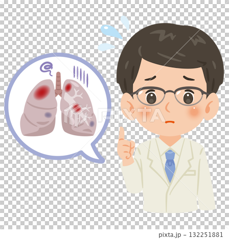 不健康な肺と白衣を着た男性医師　上半身イラスト 132251881