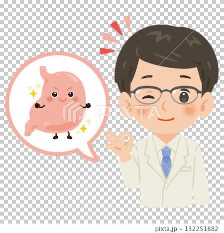 健康な胃のキャラクターと白衣を着た男性医師　上半身イラスト 132251882