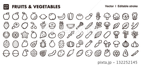 野菜と果物の手描きアイコンイラストセット　フード、食材、農業向け素材　EPS版線の太さ編集可能 132252145