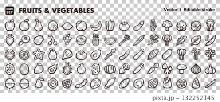 Hand-drawn icon illustration set of vegetables and fruits. Materials for food, ingredients, and agriculture. EPS version. Line thickness can be edited. Hand-drawn icon illustration set of vegetables and fruits. Materials for food, ingredients, and agriculture. EPS version. Line thickness can be edited. 132252145