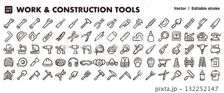 作業仕事と工事道具の手描きアイコンイラストセット　建設、工事現場、工具素材　EPS版線の太さ編集可能 132252147