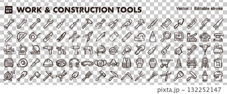 作業仕事と工事道具の手描きアイコンイラストセット　建設、工事現場、工具素材　EPS版線の太さ編集可能 132252147