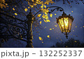 Warm glow of a vintage street lamp amidst autumn leaves at dusk in a tranquil park setting 132252337