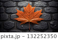 Bright red maple leaf with raindrops resting on dark cobblestone in autumn 132252350