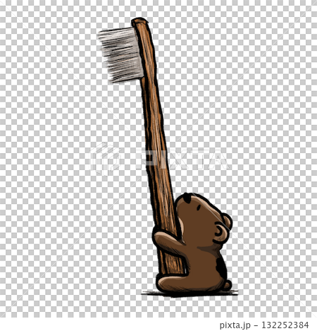 A toothbrush with a bear-like holder, pencil and watercolor illustration 132252384