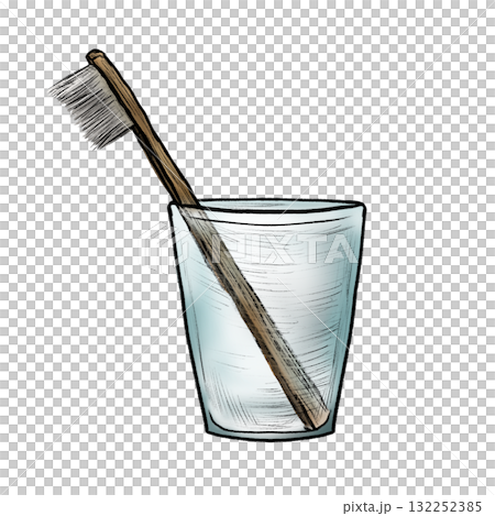 A glass cup containing a toothbrush isolated in pencil and watercolor illustration 132252385